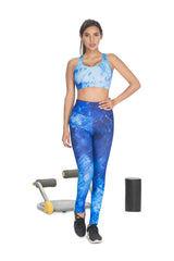 Blue pattern high-waisted leggings including tummy control technology