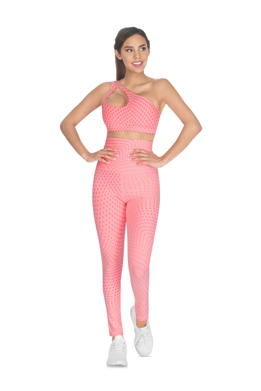 Hot pink high-waisted leggings with dots including tummy control technology