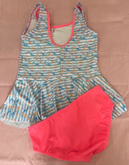 Two-pieces including stripe pattern long top and ruffle bottom