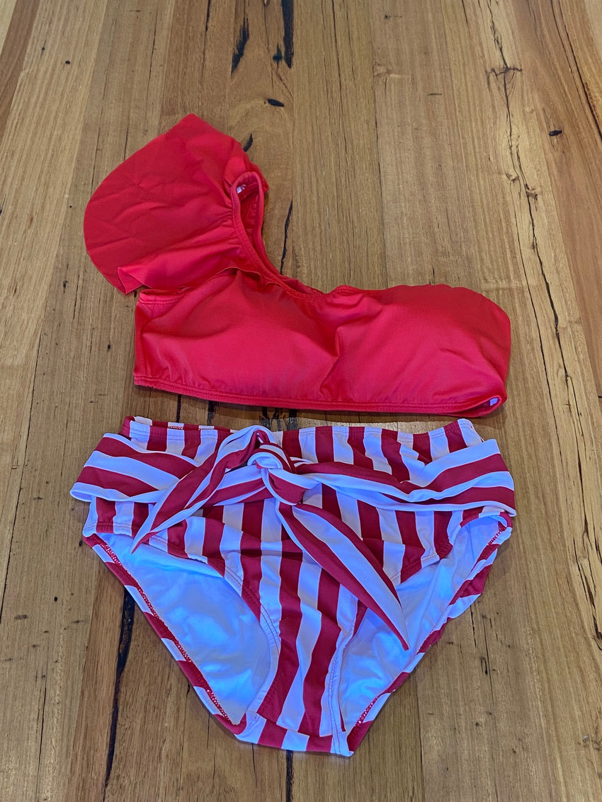 Bikini set - one shoulder with ruffle trimming top & high-waisted panty with ties