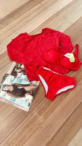 Tankini swimsuit - Three-piece including long sleeve lace blouse, top with soft cups & panty