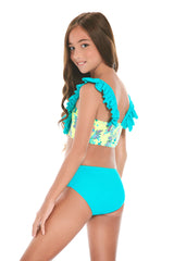 Bikini with ruffle v shape at the back multi colour and plain bottom