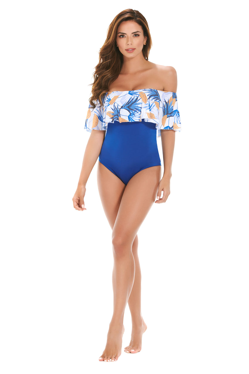 One-Piece swimsuit - off shoulder printed ruffle top with fixed internal cups. Includes tummy control technology