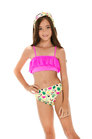 Bikini top with ruffle and multi colour bottom